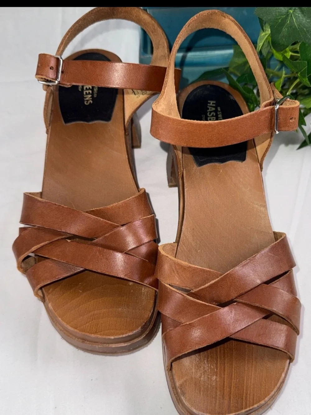 Swedish Hasbeens EU38 Clogs Sandals Cross Strap, Debutante Kringlan Heel Leather